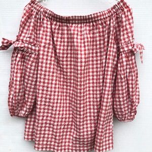 Gingham plaid red off the shoulder bow blouse